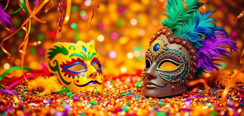 Fototapeta premium Vibrant Brazilian Carnaval banner with confetti, feathers, and masquerade masks, Ai generated Images