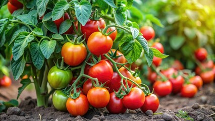 A sprawling tomato plant with vibrant green leaves and clusters of ripe red tomatoes in a garden bed, outdoor, vegetable