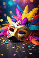 Glowing Carnaval mask with falling confetti and feathers in radiant bokeh setting for social media, Ai generated Images