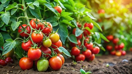 A sprawling tomato plant with vibrant green leaves and clusters of ripe red tomatoes in a garden bed, foliage, gardening, outdoor, vines, fruit