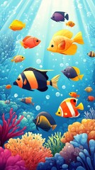 Fototapeta premium Vibrant Colorful Fish Swimming in a Coral Reef Scene