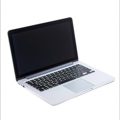 A sleek laptop computer rests on a clean white surface, showcasing its modern design and functionality in a minimalist setting.