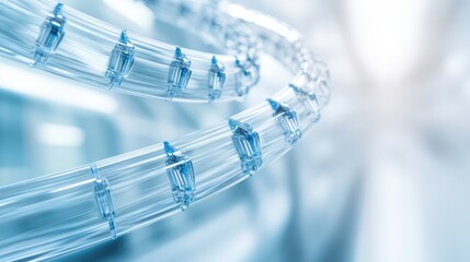 A network of interconnected clear plastic tubes, showcasing a complex arrangement and transparent design, ideal for fluid movement or scientific applications.