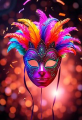 Glowing Carnaval mask with feathers, confetti, and bokeh for festive promotions, Ai generated Images