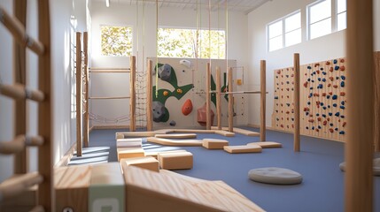 A clean obstacle course setup with climbing walls, balance beams, and ropes