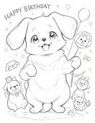 Black and white sketch of coloring page 'happy birthday' with a cute dog, fun design for kids, ready to print on paper, Ai generated Images