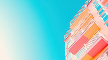 A vibrant building featuring multiple balconies, showcasing an attractive and lively architectural design.