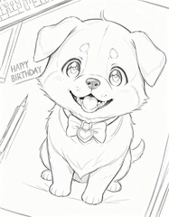 Cute dog and 'happy birthday' black and white sketch for kids coloring page, print-ready paper, Ai generated Images
