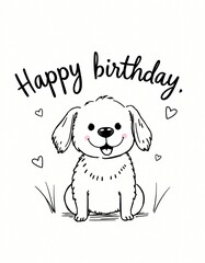 Fun 'happy birthday' design with a cute dog for kids, black and white sketch on paper, Ai generated Images
