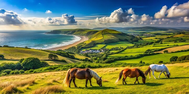 Devon Coastline Summer: Idyllic Croyde Bay Pony Scene HDR