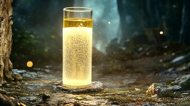 Golden liquid transforming into sparkling water in a magical forest