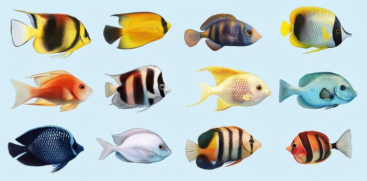 Twelve Vibrant Tropical Fish Species Displayed Together