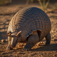 Fototapeta premium Big hairy armadillo (Chaetophractus villosus) Long Nosed Armadillo Armadillo walking on dry forest floor, textured shell, World Wildlife Day