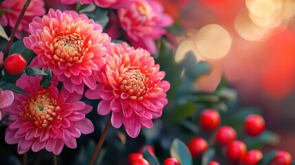 Vibrant Pink Chrysanthemums in Bloom with Soft Bokeh Background and Bright Red Berries, Creating a Beautiful Floral Composition for Nature Lovers