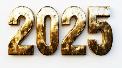 Stylized aged golden numeral 2025 resting on a white background.