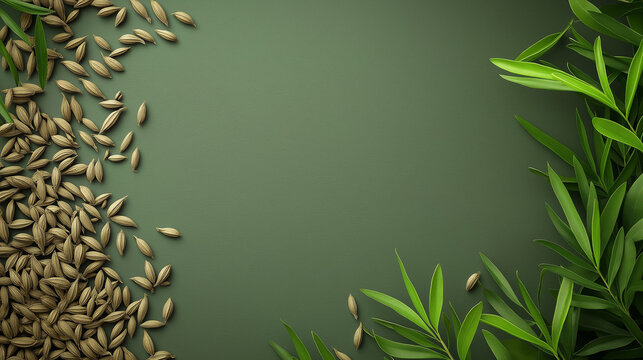 cumin and green leaves isolated on 3 d green background