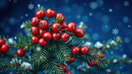 A winter scene featuring a snow-dusted evergreen branch adorned with vibrant red berries against a bokeh background.