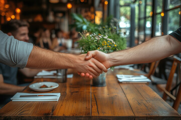 Business partners making an agreement in a warm café setting.
