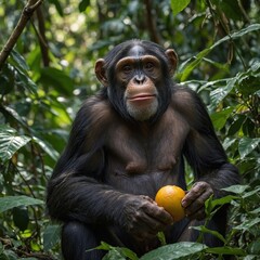 Obraz premium A monkey in a rainforest A chimpanzee playing with a rock, sitting on a white background Monkey in the jungle