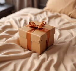 A wrapped brown gift box sits alone on a soft, beige-colored cushion, minimalist gift presentation, elegant simplicity