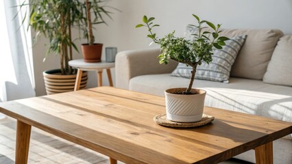A wooden table with a small plant shadow on its surface in a cozy living room, home decor, sunny window, comfortable seating, soft colors