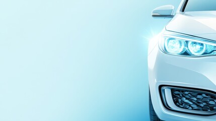 A close-up view of a white car illuminated by a bright light, showcasing its sleek design and polished surface in vivid detail.