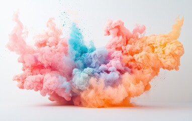 A dynamic explosion of Holi colors in mid-air, creating a rainbow of pink, orange, and blue clouds on a clean white background