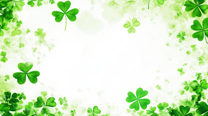 Bright green shamrocks scattered on a soft white background with light mist effects, perfect for St. Patrick’s Day celebrations and cheerful Irish-themed designs. Border, frame with empty copy space