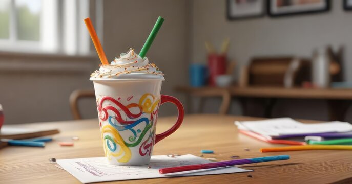 A whimsical coffee cup with a colorful, swirly straw on top sits on a cluttered desk, minimalist, decor