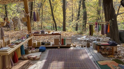 A clean outdoor craft workshop with knitting supplies, yarns, and small looms