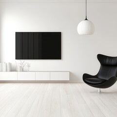 A sleek black chair is positioned in a bright white room, complemented by a modern flat-screen television mounted on the wall.