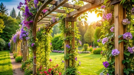 A vine crawling up a trellis in a garden with flowers and trees surrounding it, foliage, trees, climbing, garden