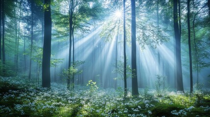 Fototapeta premium Ethereal Forest Landscape with Sunlight and Misty Atmosphere