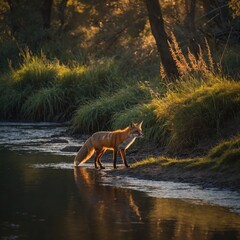 Red Fox at Dusk by the Lake. Red Fox (Vulpes vulpes) Looks Out From on Rock.Red Fox Walking Through an Autumnal Forest


