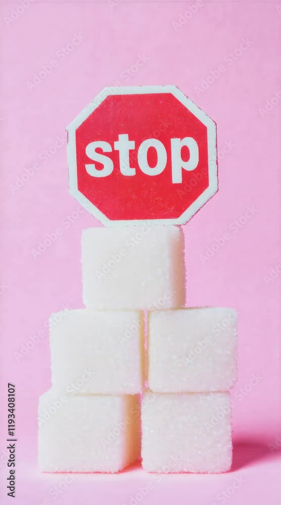 Poster four sugar cubes stacked together on a pink background with a stop sign on top, symbolizing sugar re
