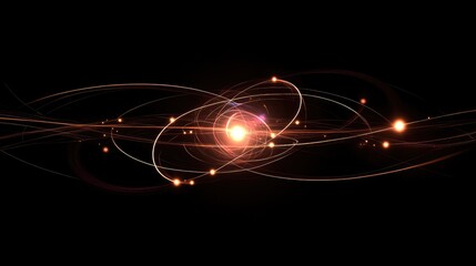 A dark, minimalist background showcasing entangled quantum particles with glowing light pulses