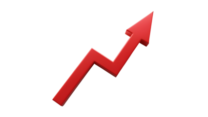 Rising red arrow 3d render icon isolated on transparent background. Cut out