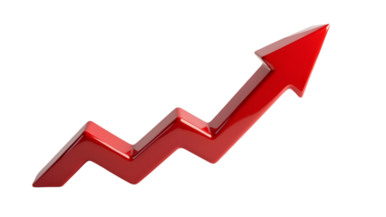 Rising red arrow 3d render icon isolated on transparent background. Cut out