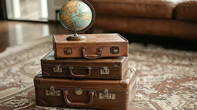 1_Vintage Suitcases and Travel Accessories on Patterned Rug