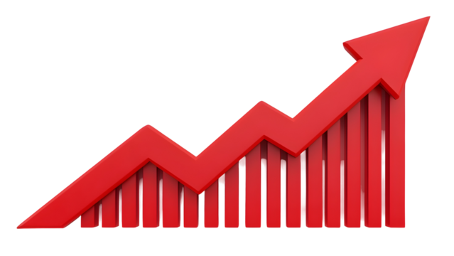 Rising red arrow 3d render icon isolated on transparent background. Cut out