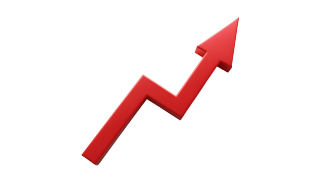 Rising red arrow 3d render icon isolated on transparent background. Cut out