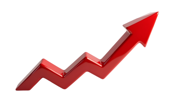 Rising red arrow 3d render icon isolated on transparent background. Cut out