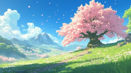 Serene Landscape with Cherry Blossom Tree under Blue Sky