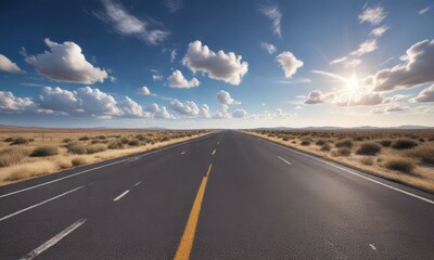 Fototapeta premium A vast blue sky with fluffy white clouds floating gently across the horizon over a long stretch of flat, straight road, aerial view, sunny day, blue sky