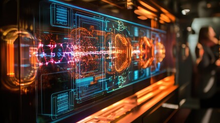 A digital display showing basic quantum computing concepts like superposition and entanglement, designed for beginners