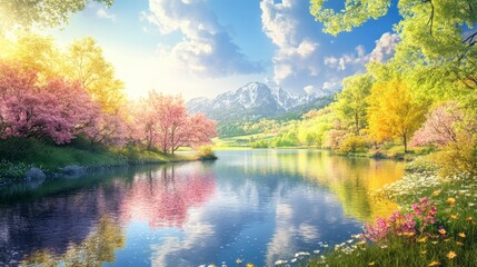 Serene Landscape with Colorful Trees, Mountains, and Calm Water