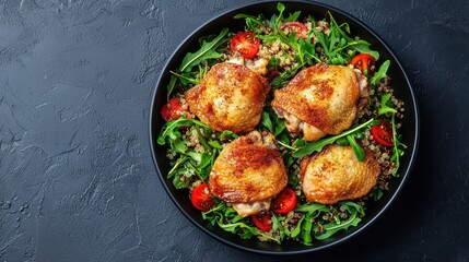 Fototapeta premium Crispy chicken thighs served on a bed of fresh arugula and cherry tomatoes, creating a vibrant and appetizing dish.