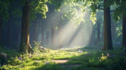Obraz premium Serene Forest Landscape with Sunlight Filtering Through Trees