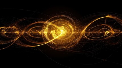 Abstract golden light wave design with swirling, radiant patterns creating a sense of movement and energy in a dark background for digital art and technology concepts