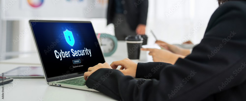 Poster cyber security system on computer screen protect private information snugly from hacker and cyber at